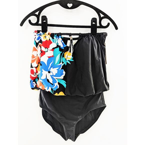 Anne Cole Strapless Floral One-Piece Swimsuit Women’s Black Swimwear - Picture 10 of 11